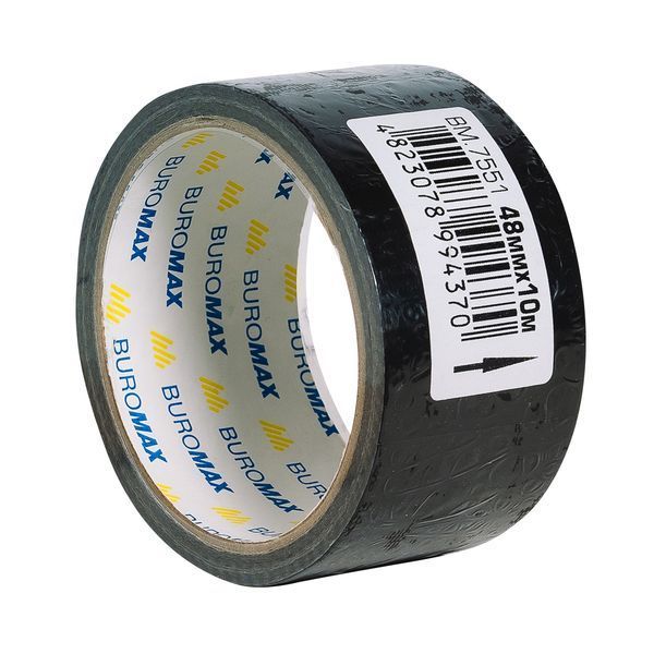 Клейка стрічка канцелярська Buromax, армована, посилена 48 мм х 10 м, чорна BM.7551 фото