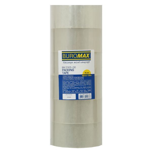 Клейка стрічка пакувальна Buromax, прозора, 48 мм x 90 м, 6 шт BM.7025-00 фото