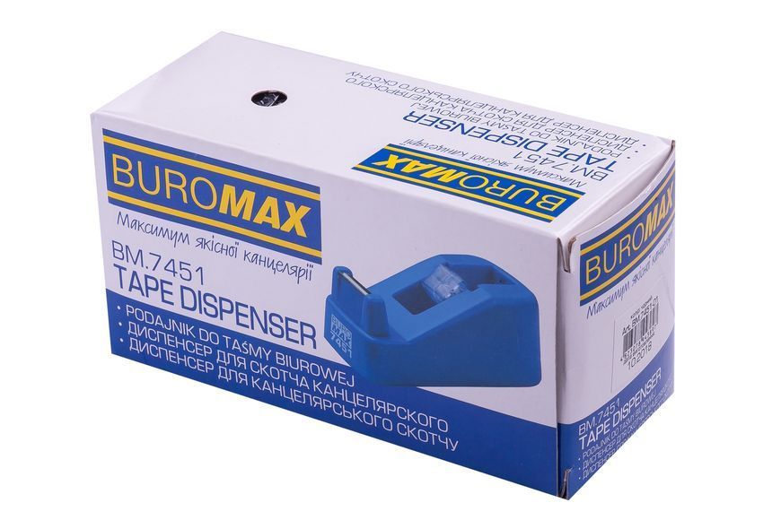 Диспенсер для канцелярського скотчу Buromax (ширина до 18 мм), пластиковий, 122x60x50 мм, синій BM.7451-02 фото