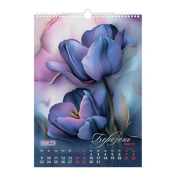 Календар настінний 2026 р., А3, 1 пружина, Flowers BM.210604 фото