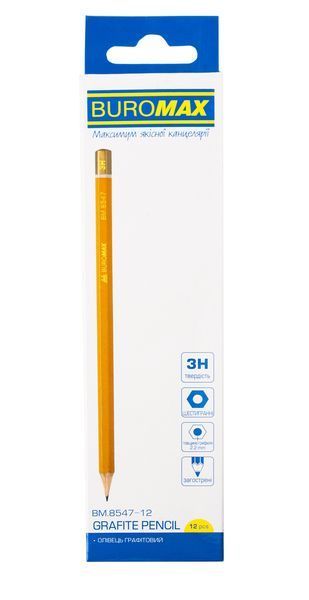 Карандаш графитовый Buromax Professional, 3H, без ластика, желтый, 12 штук BM.8547-12 фото
