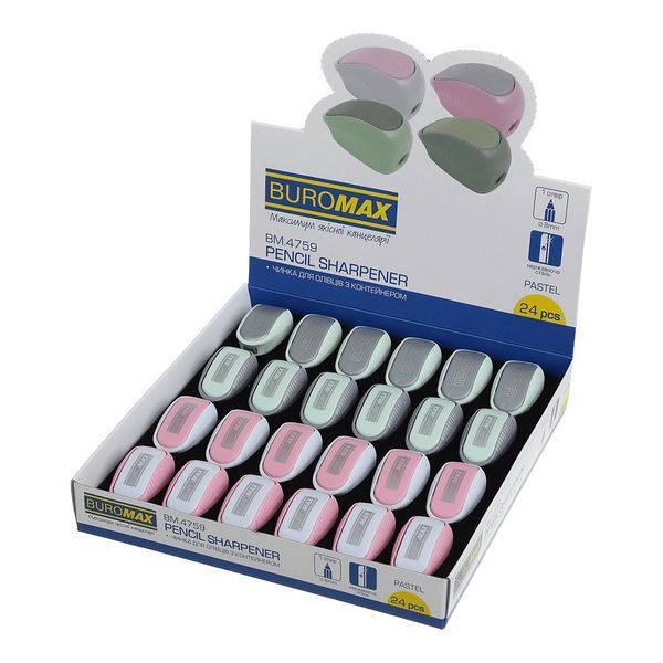 Точилка Buromax PASTEL с контейнером, 1 отв., пластик. корпус, ассорти BM.4759 фото