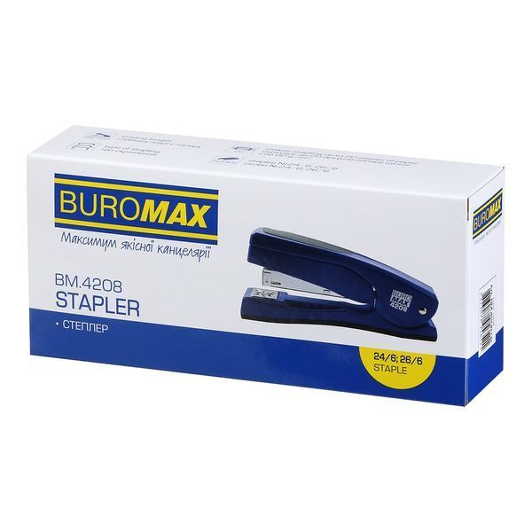 Степлер пластиковий Buromax з поворотним важелем, на 20 аркушів (скоби №24; 26), 155х38х73 мм, синій BM.4208-02 фото