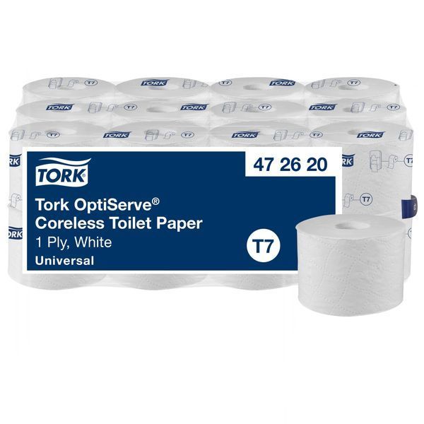 Туалетная бумага в рулонах Tork OptiServe Universal без втулки, белая, 1 слой, 1250 отрывов, 1 рулон 472620 фото